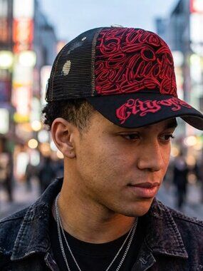 Christian Audigier Hat City of Angels Custom Embroidered Trucker Cap Black Red